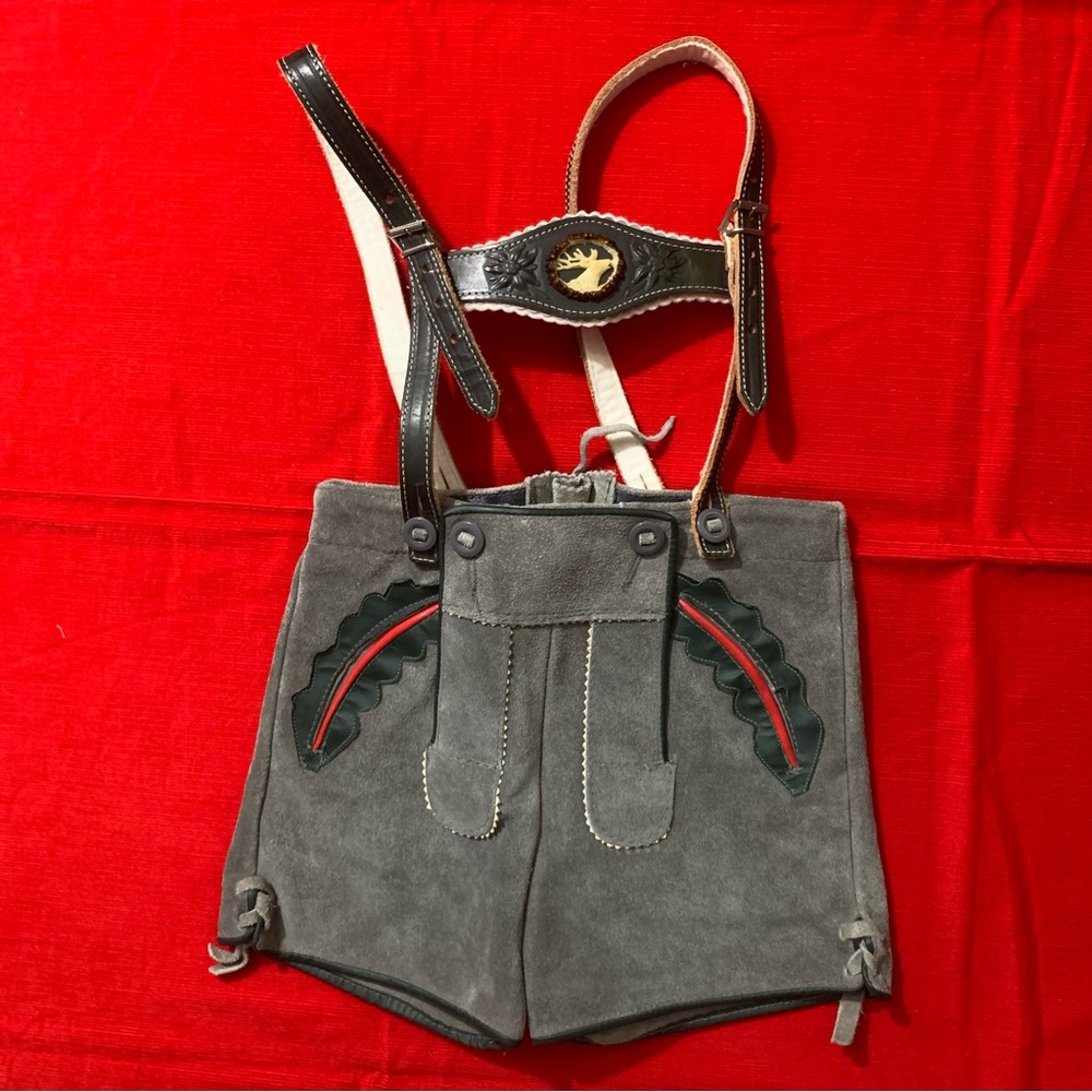 Vintage kids Bavarian traditional suede romper with animal ornament lederhosen